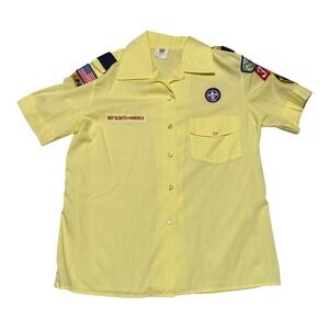 Vintage 60s Boy Scouts of America Yellow Patches Button Up Shirt Women's 8